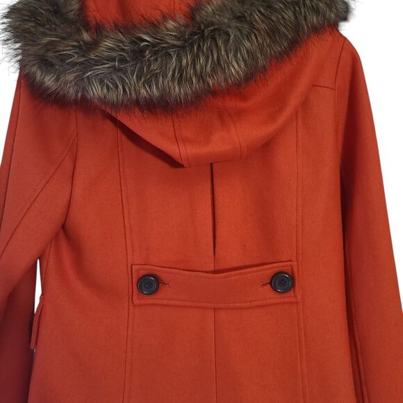 Delias Women's Pea Coat Double Breast Lined Fur Trim Hood Orange L - Picture 6 of 9